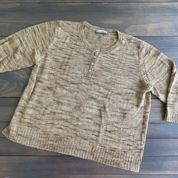 Duna Hand Loomed Button 3/4 Sleeve Knit Yellow Gold Sweater Large (A6) - Picture 1 of 6